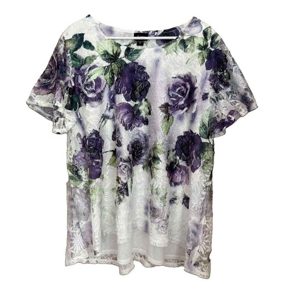 Simply Emma Floral Lace Top 2X Purple Rose SS Blouse Boho Cottage Romatic Office